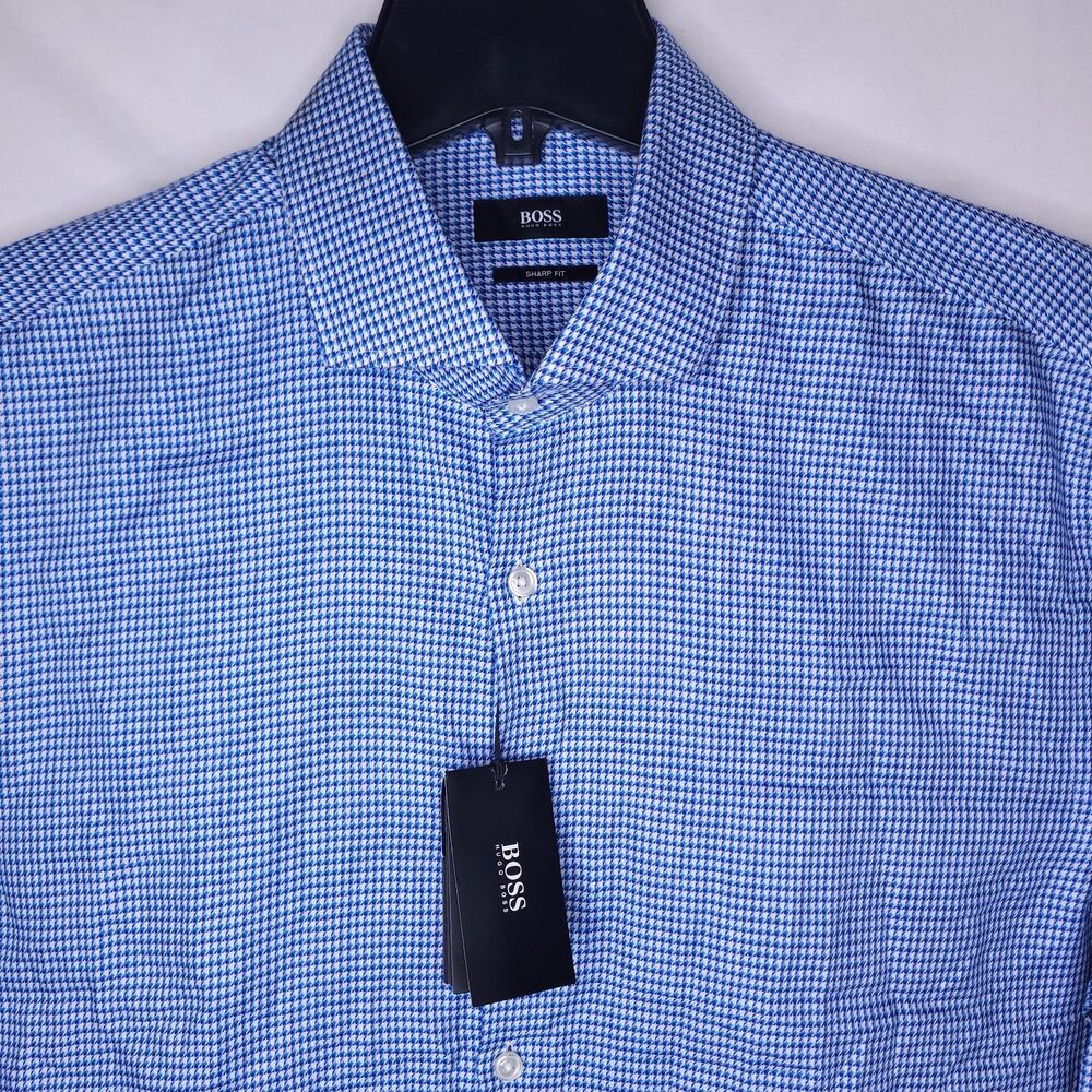 Hugo Boss Dress Shirt Mens 17 Houndstooth Blue, White 34/35 Sharp Fit NWT